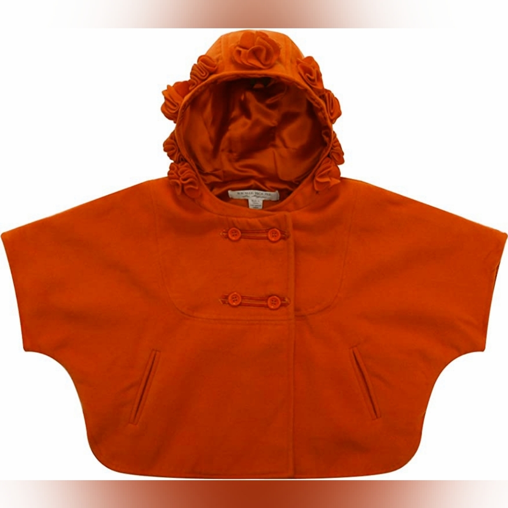 Richie House Cape Coat with Hood and Rosette Accents in Red Orange Size 4/5 NWT